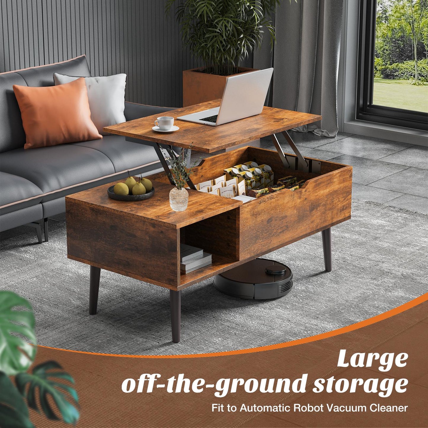 Lift Top Coffee Table ，Wooden Furniture with Hidden Compartment and Adjustable Storage